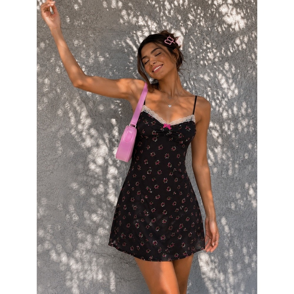 Betsey Johnson Intimates Floral Slip Dress Lace Trim Y2K Large Coquette Babydoll
